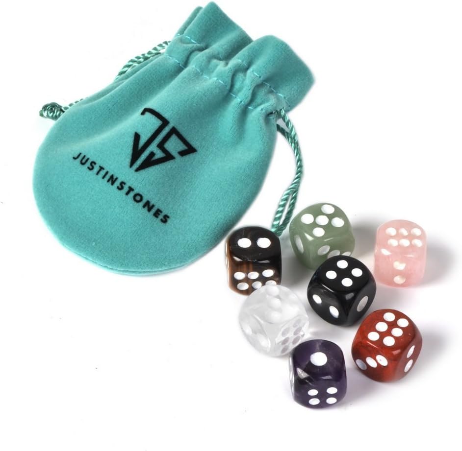 Dice 7 Chakras Colors Natural Gemstone Crystal 15mm Amethyst + Tiger Eye + Obsidian + Clear Quartz + Rose Quartz + Red Jasper + Aventurine (Pack of 7)