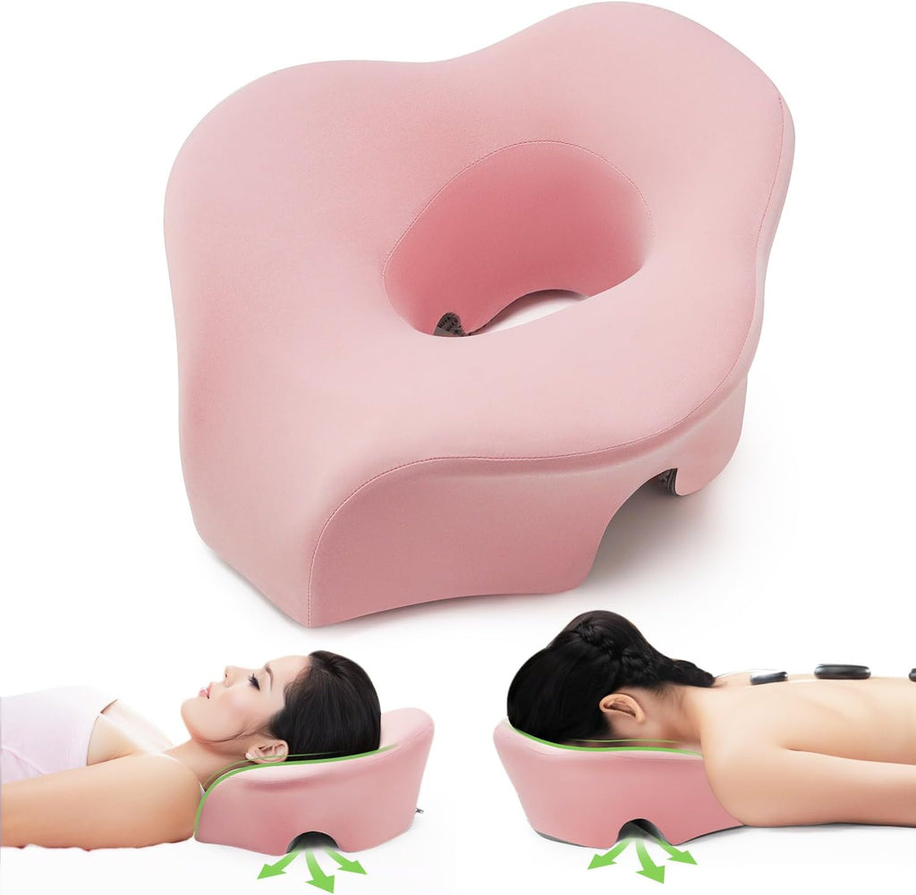 Massage Headrest for Bed Face Down Pillow, Dual Exhaust Holes Memory Foam BBL Massage Pillow for Professional Massage Table Equipment Removable Cover- Pink