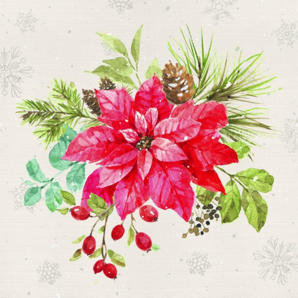 IHR Ideal Home Range Party Napkins Disposable 3-Ply Paper Lunch Napkin Pack, 6.5" x 6.5", Christmas Bouquet (Cream), 20-Count