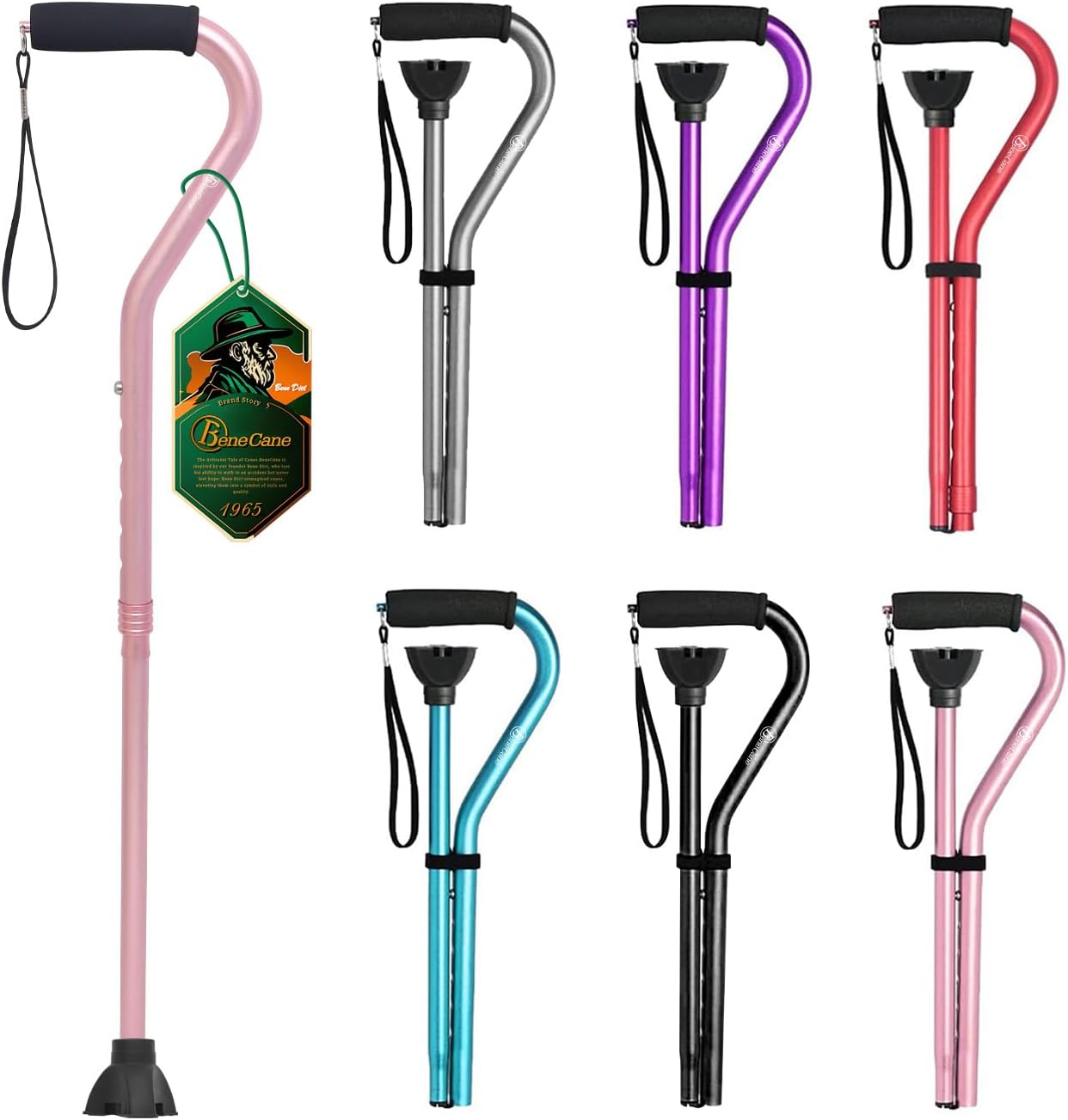 BeneCane Walking Cane for Men & Women Adjustable Cane with Offset Soft Cushioned Handle -Portable Lightweight Sturdy Mobility Walker Aid for Elderly, Seniors Collapsible Cane