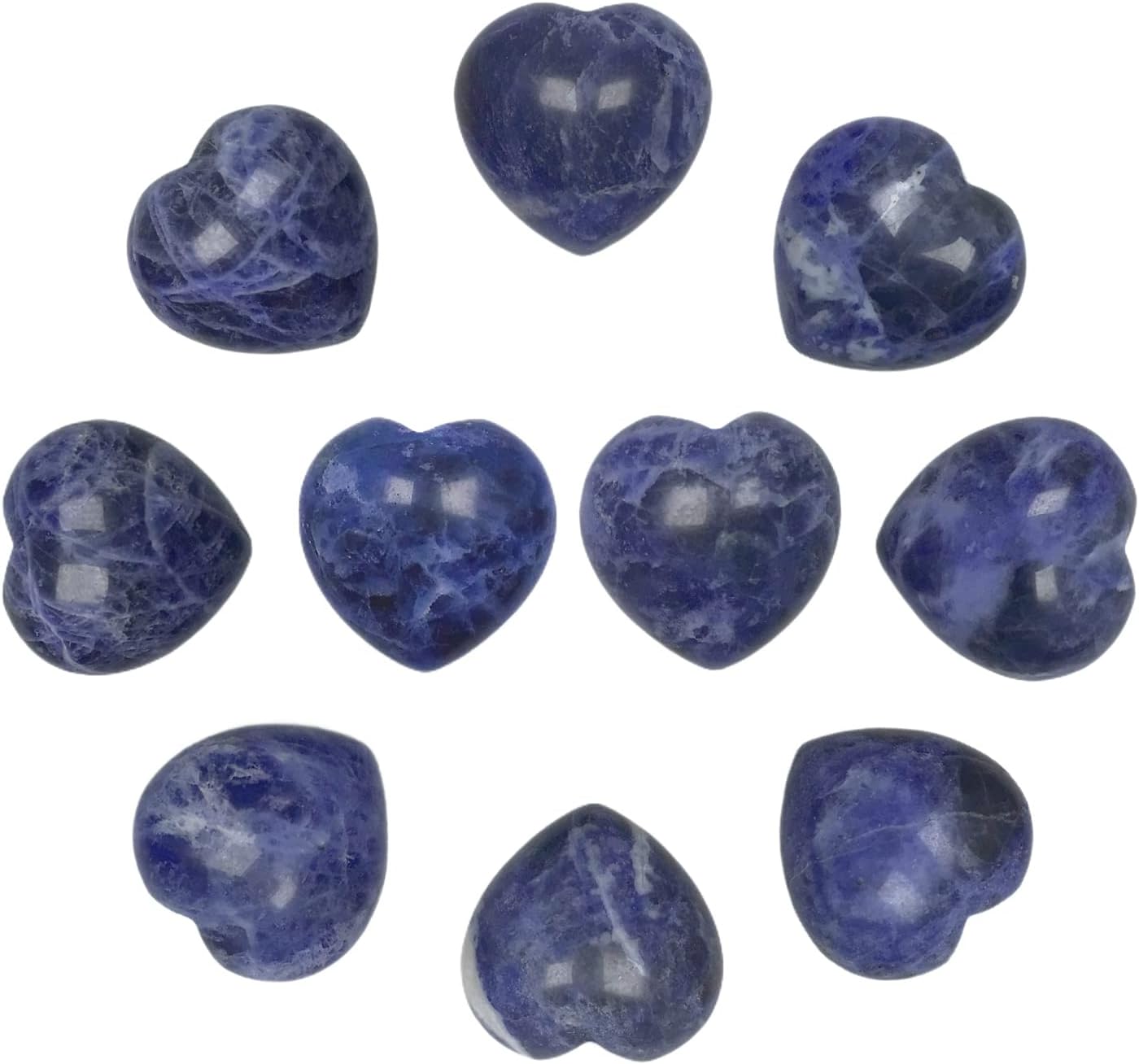 10PCS 1in Natural Sodalite Crystal Hearts Bulk Carved Polished Love Puff Stones for Palm Pocket Worry Gemstones
