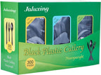 JALUXING [300 Combo Box] Black Plastic Forks Spoons Knives Heavyweight Utensils Disposable Silverware Heavy Duty Cutlery Set