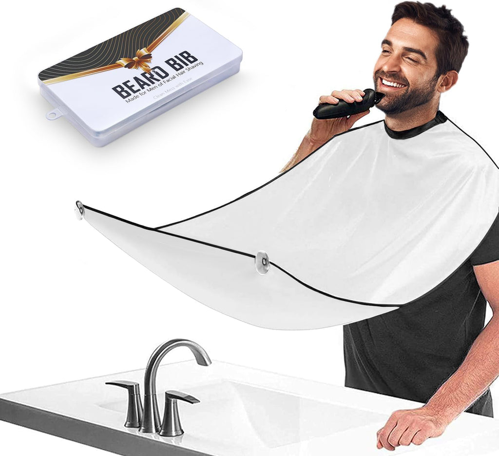 Beard Bib Apron for Men, Father's Day Gift Beard Trimming Catcher Bib for Shaving & Hair Clippings, Waterproof Non-Stick Hair Catcher Grooming Cloth with 2 Suction Cups(White)