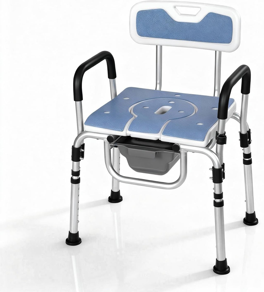 3 in 1 Bedside Commode Chair and Shower Chair for Elderly Adults, Portable Toilet with Adjustable Height, Arms and Removable Bucket for Home Care