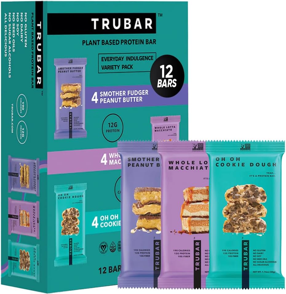 TRUBAR Vegan Protein Bar Variety Pack, Assorted Flavors, Peanut Butter, Macchiato, Cookie Dough, Gluten Free, Vegan Protein Snacks, 12G Plant-Based Protein, High Fiber, Healthy Protein Bars, 12 CT
