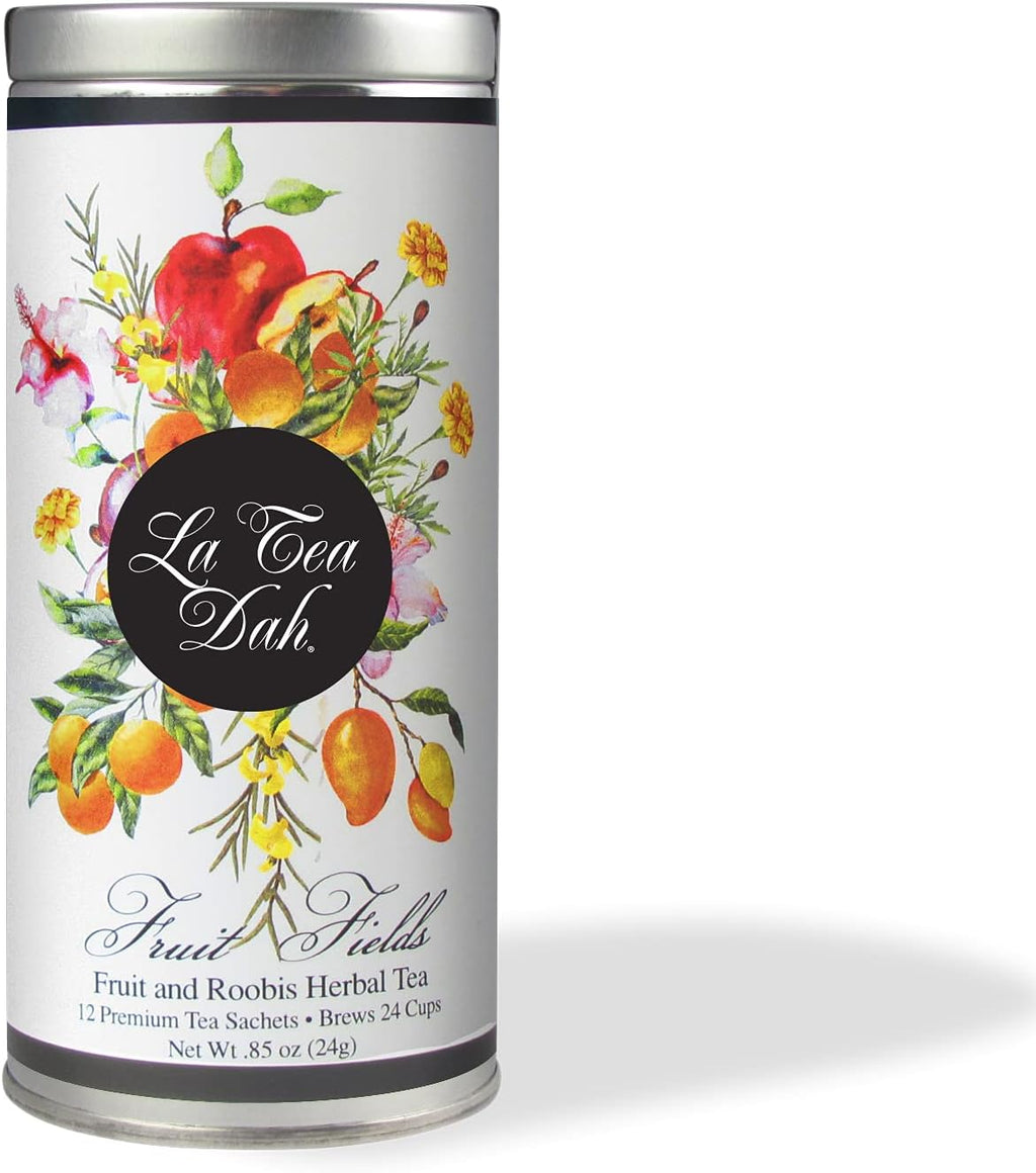Fruit Fields Rooibos Herbal Tea by La Tea Dah, Caffeine Free Rooibos, Apple, Orange, Passion Fruit, Mango, Marigold, & Hibiscus Tea Bags, Floral Tea Gift Collection (12 Decaf Sachets)