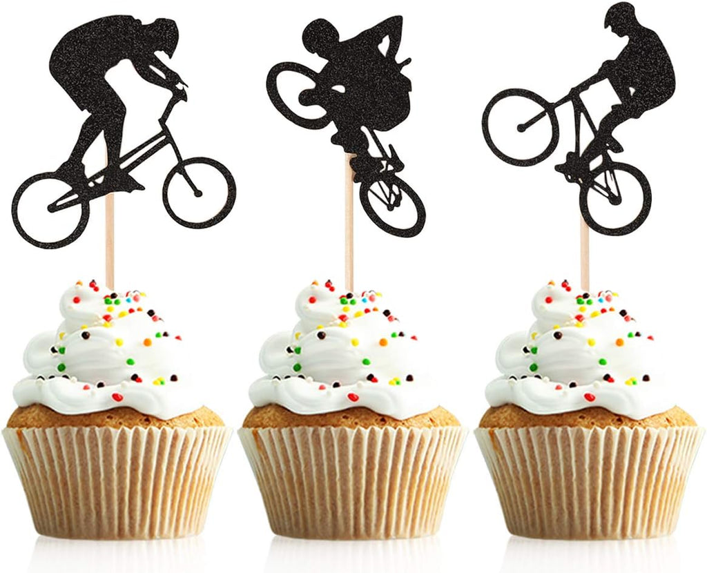 Donoter 48 Pcs Glitter BMX Bicycle Cupcake Topper Picks for Bike Theme Birthday Party Cake Decorations