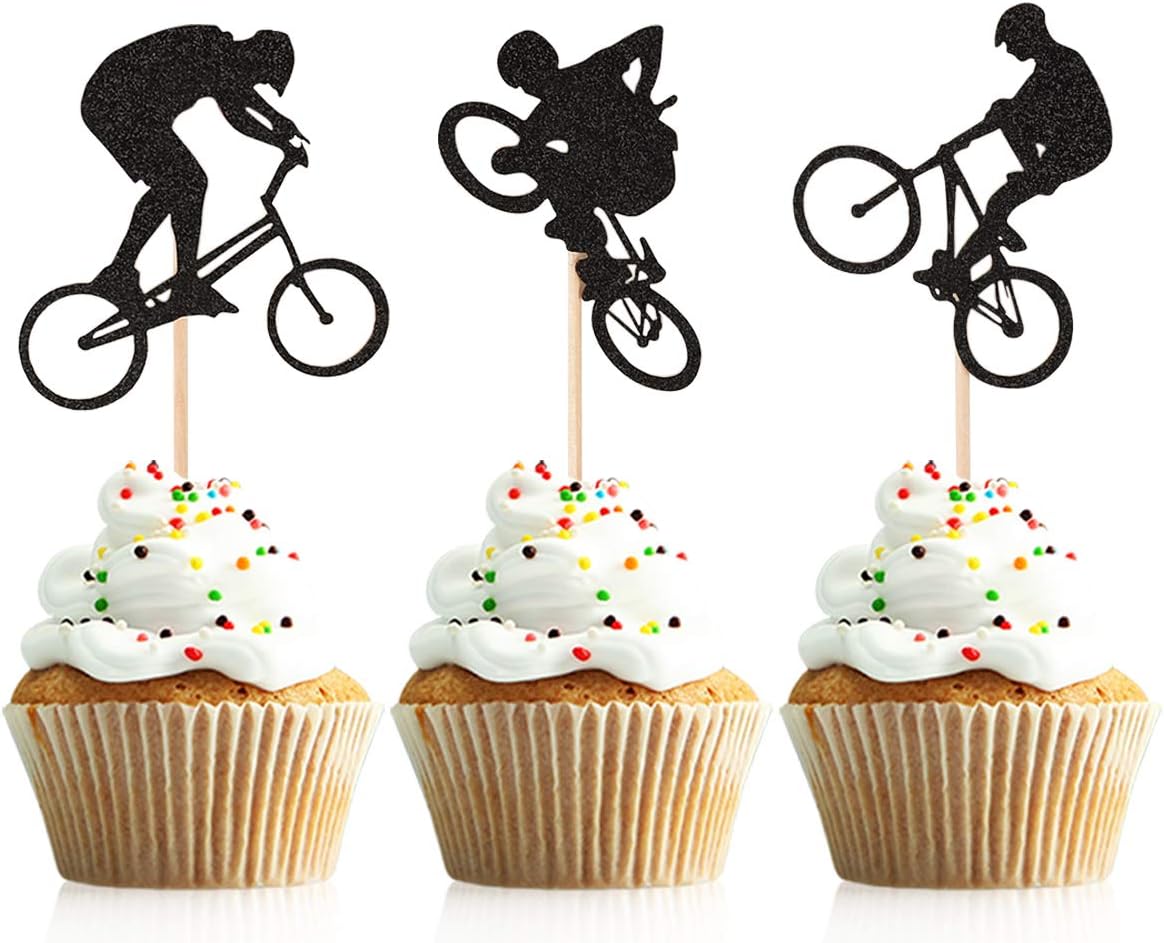 Donoter 48 Pcs Glitter BMX Bicycle Cupcake Topper Picks for Bike Theme Birthday Party Cake Decorations