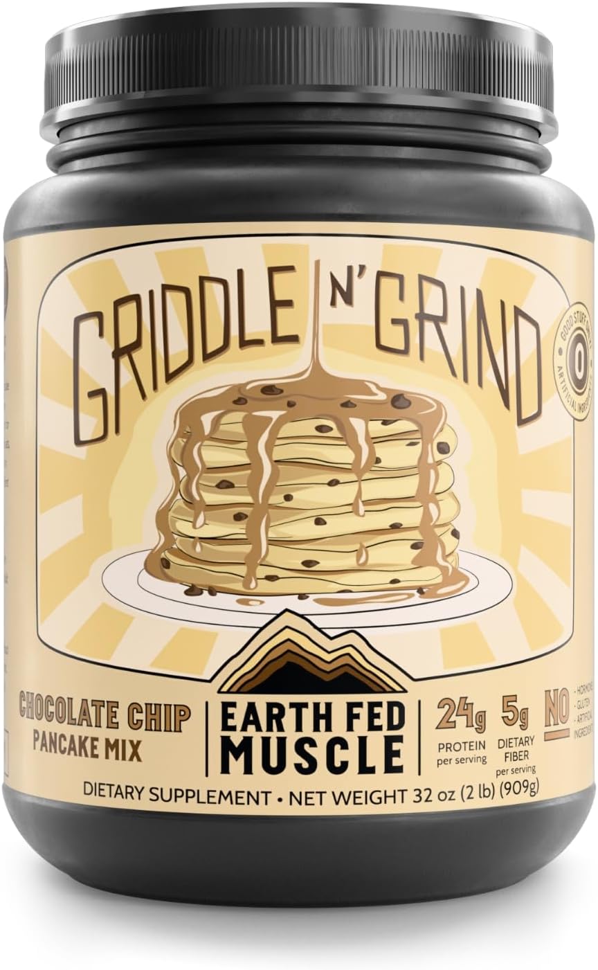 Earth Fed Muscle Griddle N' Grind Chocolate Chip Protein Pancake Mix & Waffle Mix – Protein Pancakes Gluten Free, High Protein & Fiber, Just Add Water – 2lbs, 13 Servings