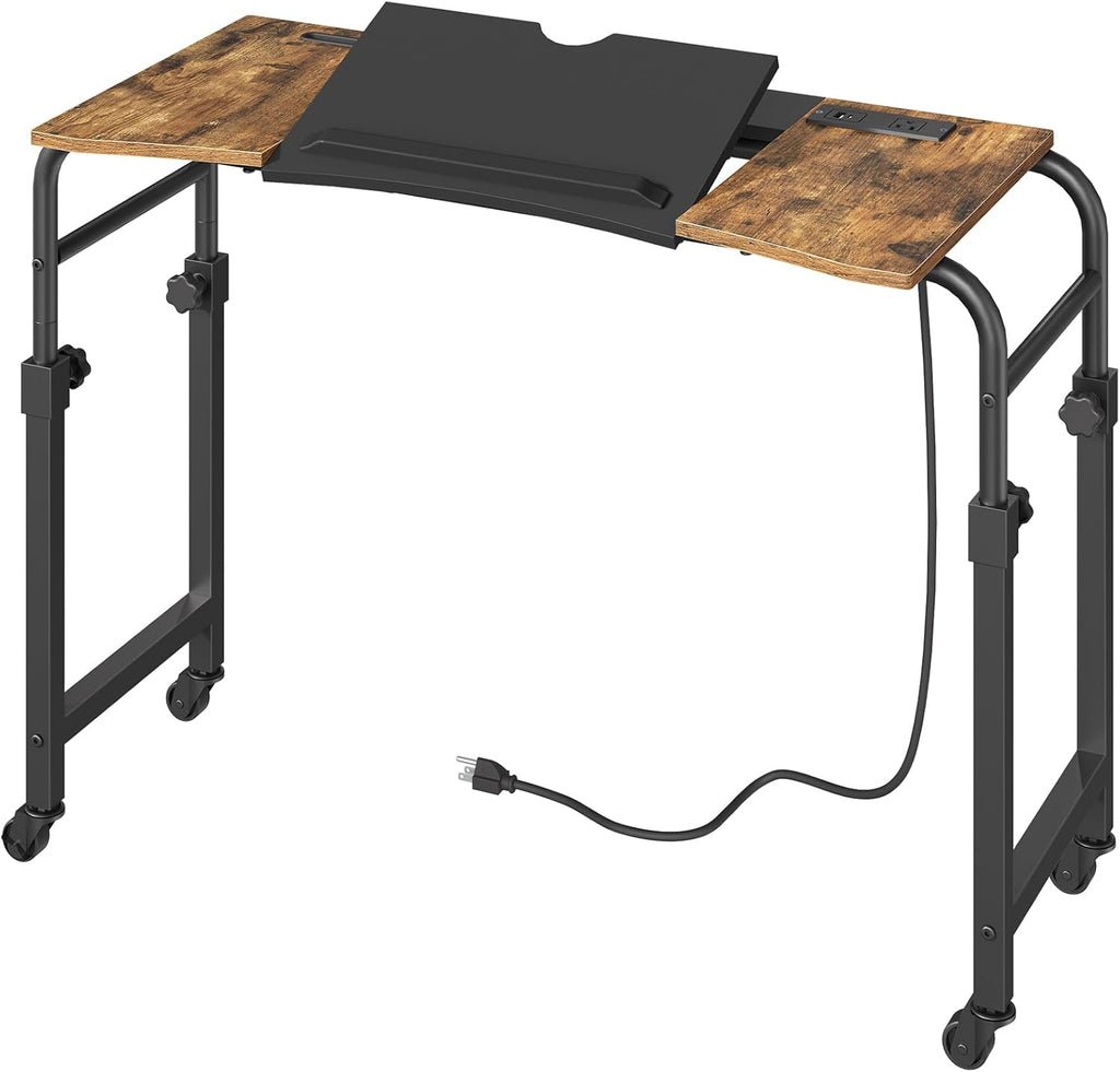 Overbed Table with Charging Station, Recliner Table with Wheels, Over the Bed Table Height Adjustable, Side Table for Bed, Sofa, Office, Rustic Brown and Black SF05UBR