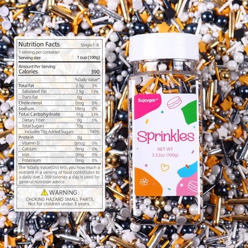 Black Sprinkles for Cake Decorating, 3.52oz Graduation Candy Sprinkles, Metallic Gold and Black Star Sprinkles for Cupcakes Baking Ice Cream Cookies, Wedding Birthday Party Decorations