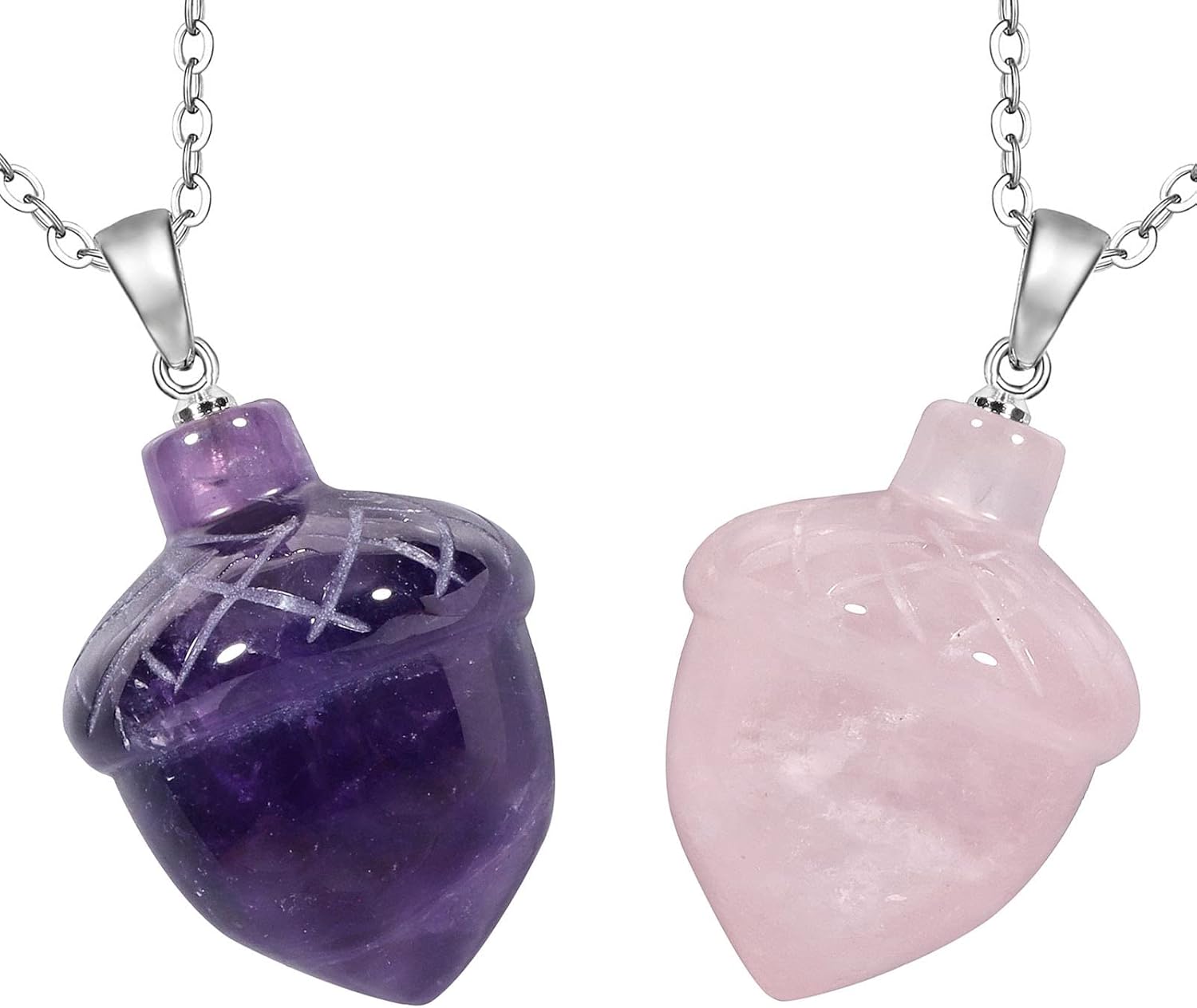 Nupuyai Pack of 2 Hand-carved Mini Hazelnut Crystal Amulet Necklace Pendant for Women Men, Healing Spiritual Stone Pendant with Stainless Steel Chain