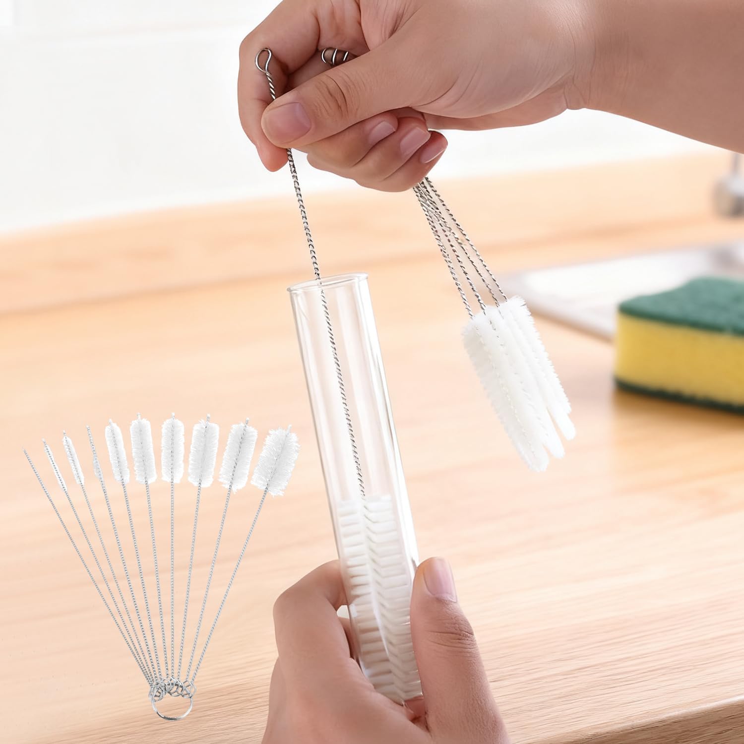 10-Piece Test Tube Brush Set, Nylon Stainless Steel Cleaning Brushes for Laboratory, Bottles, and Narrow Containers, Flexible and Long-Lasting