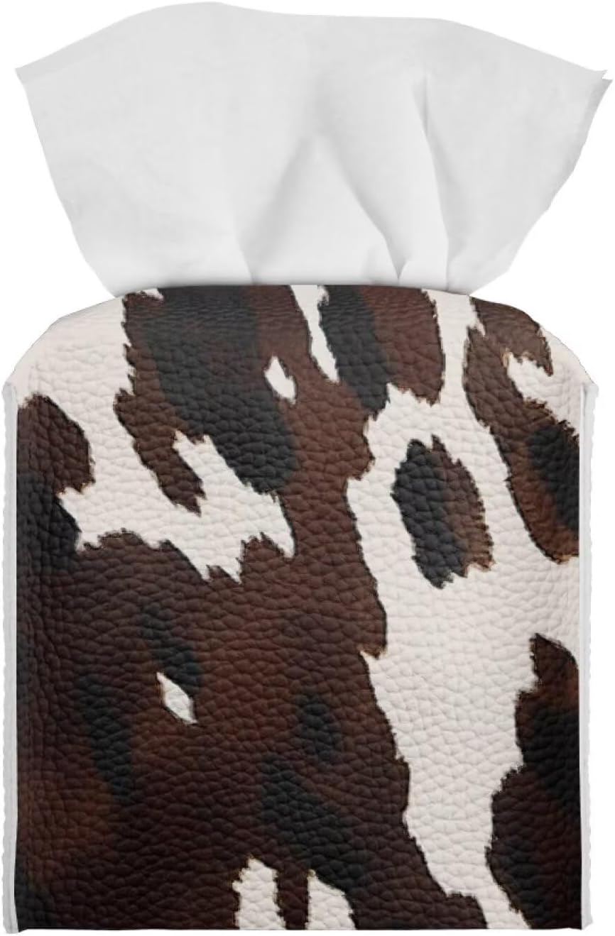 Cowhide Print Tissue Box Cover Modern Square Tissue Box Organizer Decorative PU Leather Facial Paper Holder for Bathroom Vanity Countertop Bedroom Dresser Office Desk