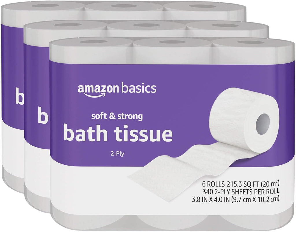 Amazon Basics Soft and Strong 2-Ply Toilet Paper, 18 Ultra Rolls = 72 Regular Rolls, Unscented, 340 Sheet (3 Packs of 6)