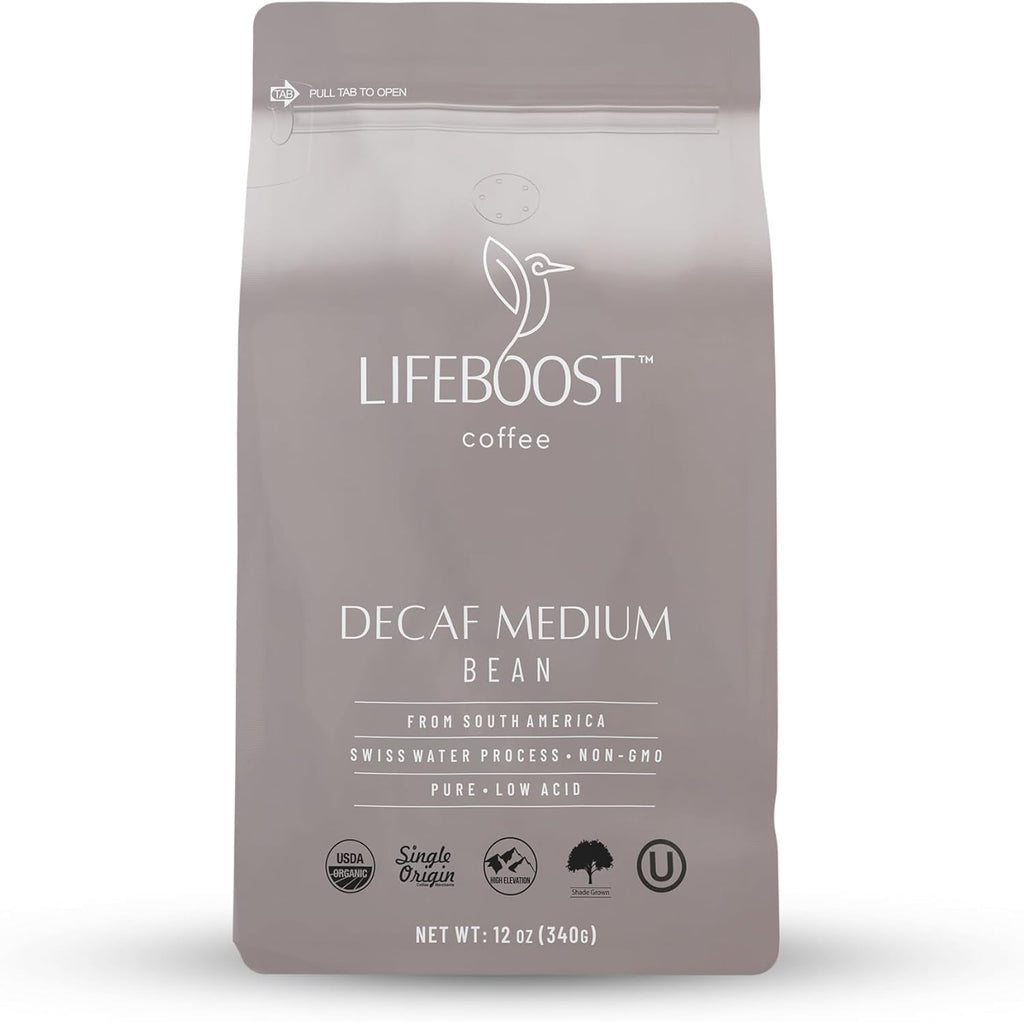 Lifeboost Medium Roast Swiss Water Decaf Whole Bean Coffee - Low Acid Organic Decaf Coffee, Non-GMO, USDA Organic, Single Origin, Third-Party Tested for Mycotoxins & Pesticides - 12 oz Bag