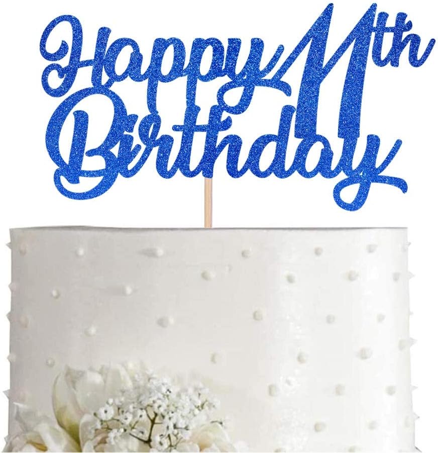 Blue Happy 11th Birthday Cake Topper, Royal Blue Glitter Cheers To 11 Years Party Cake Decorations, Supply