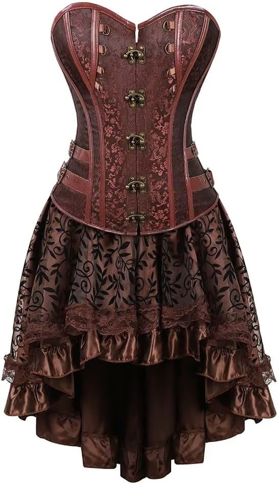 Corset Dress Skirt Tutu Set Women Steampunk Gothic Punk Bustier Pirate Costume Halloween Brown