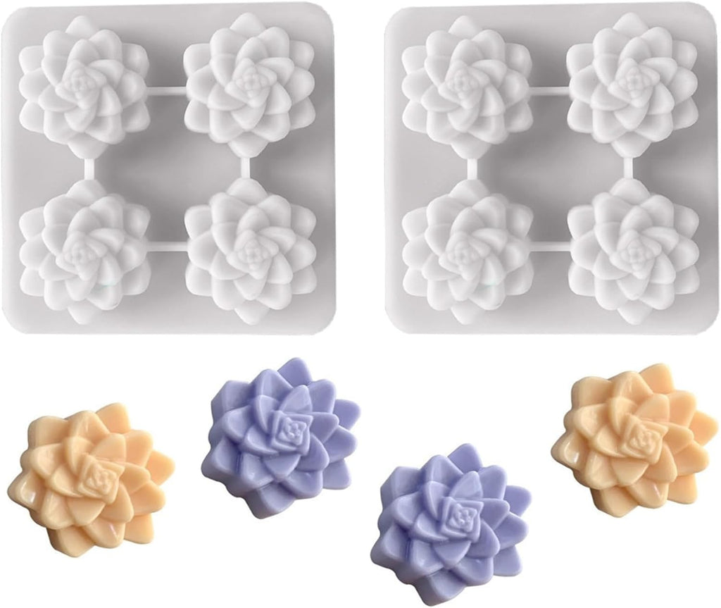 2 Pcs 4 Cavity Succulent Plants Flower Silicone Molds,4 Cavities Flower Silicone Soap Molds for Handmade Soap Bath Bombs Candle Cake Decorating Candy Pudding Mousse Birthday Party Moulds