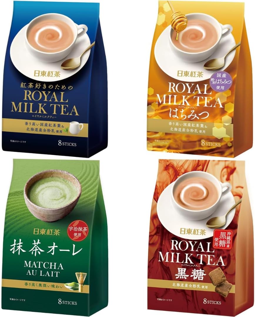 Nitto Royal Milk Tea Assortment – Original, Honey, Matcha Latte & Brown Sugar – 32 Sticks Total (8 Each) – Japanese Instant Milk Tea Variety Set