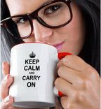 3dRose Keep Calm and Carry On - black text on white - with crown - motivational fun reminder funny humor 15oz Two-Tone Red Mug