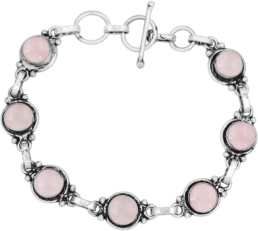 Round Shape Natural & Synthetic Gemstones Silver Plated Bracelets for Women - Vintage Bohemian Style Handmade Birthstone Adjustable Link Bracelet Jewelry Gifts for Wedding Anniversary Mother's Day