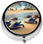 Turtles on The Beach Round Pill Box.Mini Full Printed Metal Pillbox. Travelfriendly 3compartment Design, 2.0 x 2.0 x 0.7 inches.