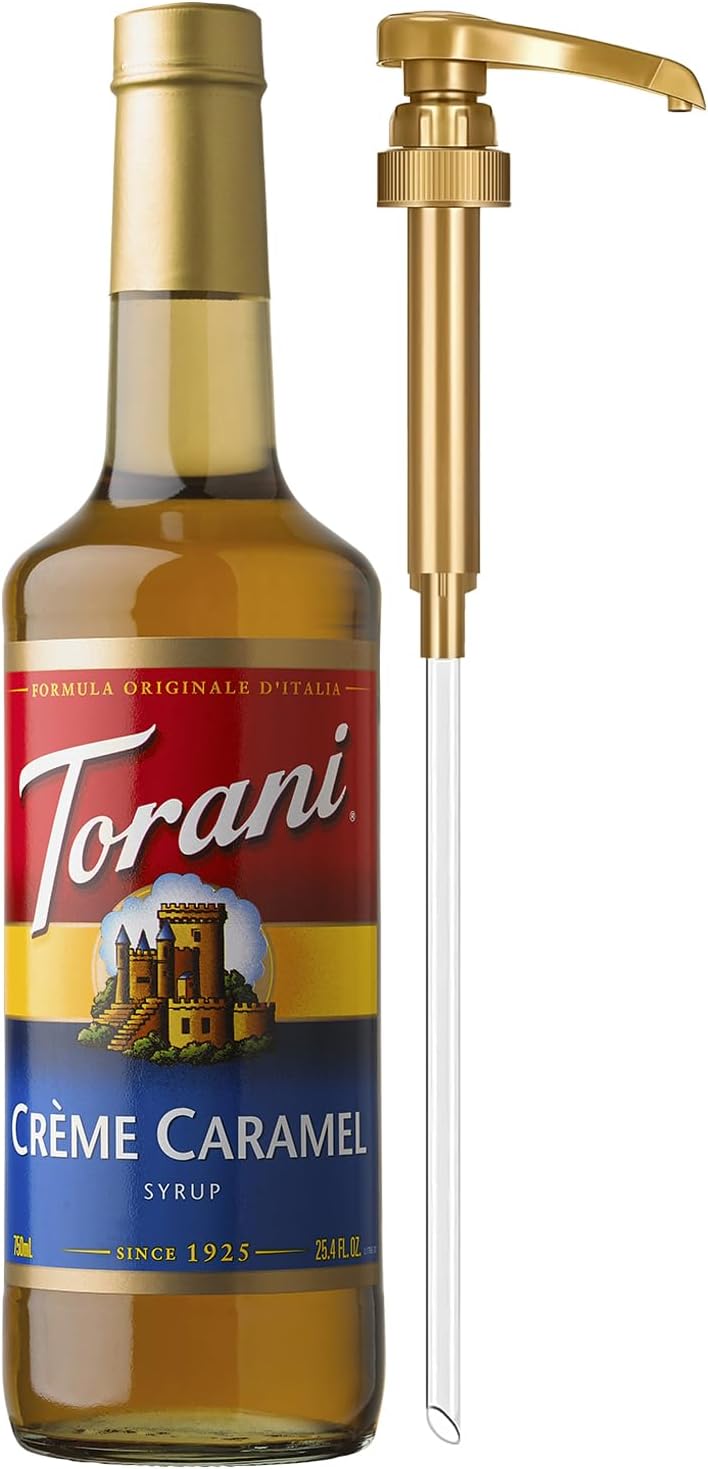 Torani Coffee Syrup, Crème Caramel Flavoring for Drinks, Glass Bottle with Pump Included, 25.4 Oz