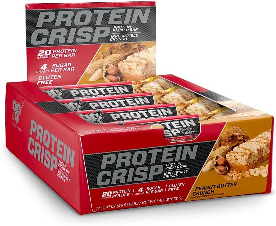 BSN Protein Crisp Bar, Peanut Butter Crunch, 20 Gram Protein Snack Bars with Whey and Fiber, Gluten-Free Crunchy Energy Bars for Workout, Fitness, On-the-Go, 12 Count