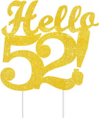 Hello 52 Cake Toppers Gold Glitter, Happy 52nd Birthday Cake Decorations Cheers to 52 Years Party Decor, Fifty-two Year Old Theme Birthday Anniversary Party Supplies
