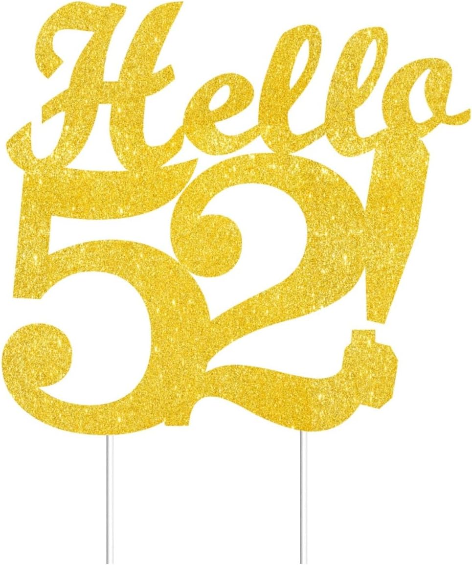 Hello 52 Cake Toppers Gold Glitter, Happy 52nd Birthday Cake Decorations Cheers to 52 Years Party Decor, Fifty-two Year Old Theme Birthday Anniversary Party Supplies
