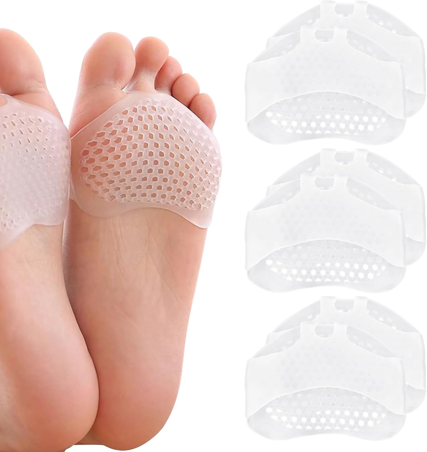 Medsuo 6 PCS Metatarsal Pads Breathable Reusable Foot Gel Pad for Women and Men Relief of Plantar Pain Soft Forefoot Pad (Clear)