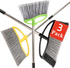 3 Pack Wide Heavy Duty Angle Broom - Stiff Bristle Outdoor Brooms for Sweeping Patio, Garden, Garage, Yard (Black, Yellow, Green)