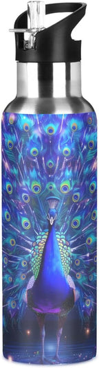 Peacock Spreads Tail Galaxy Water Bottle Leakproof Insulated Stainless Steel Hot Cold Water Flask with Straw Lid for Sports Travel 20 oz