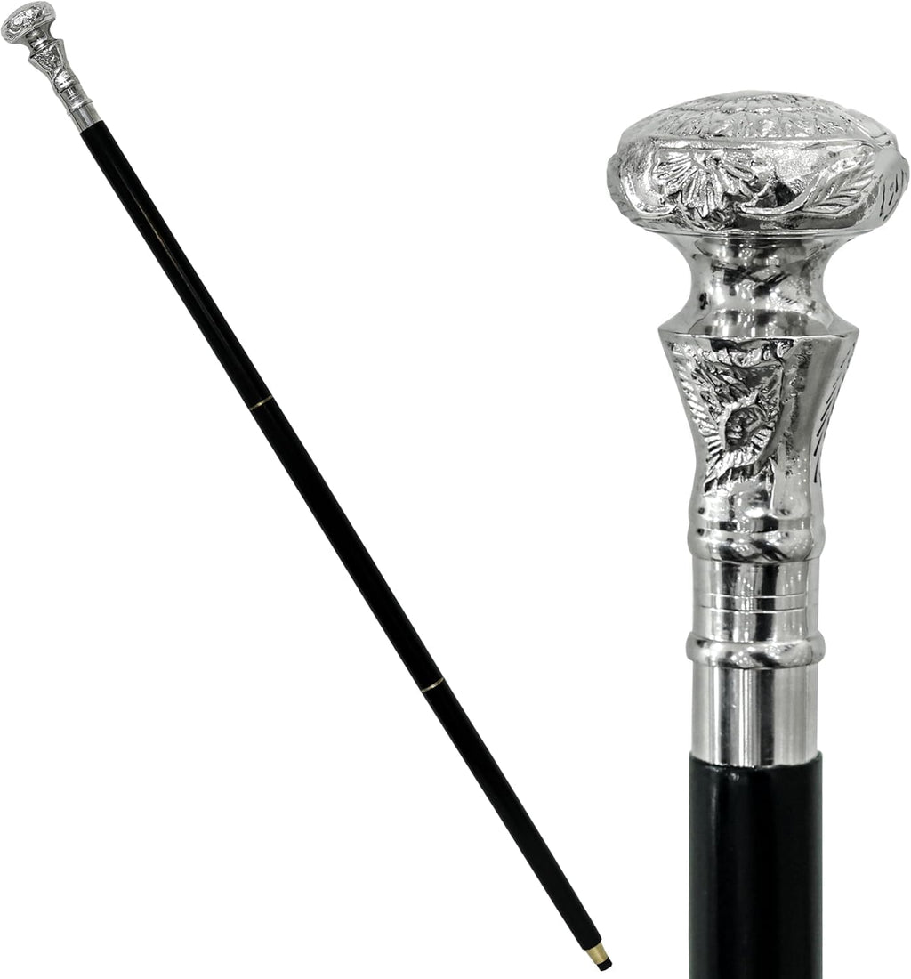 Vintage Antique Walking Cane Wooden Walking Stick Silver Brass Handle Knob Gift, 39 Inch, Black