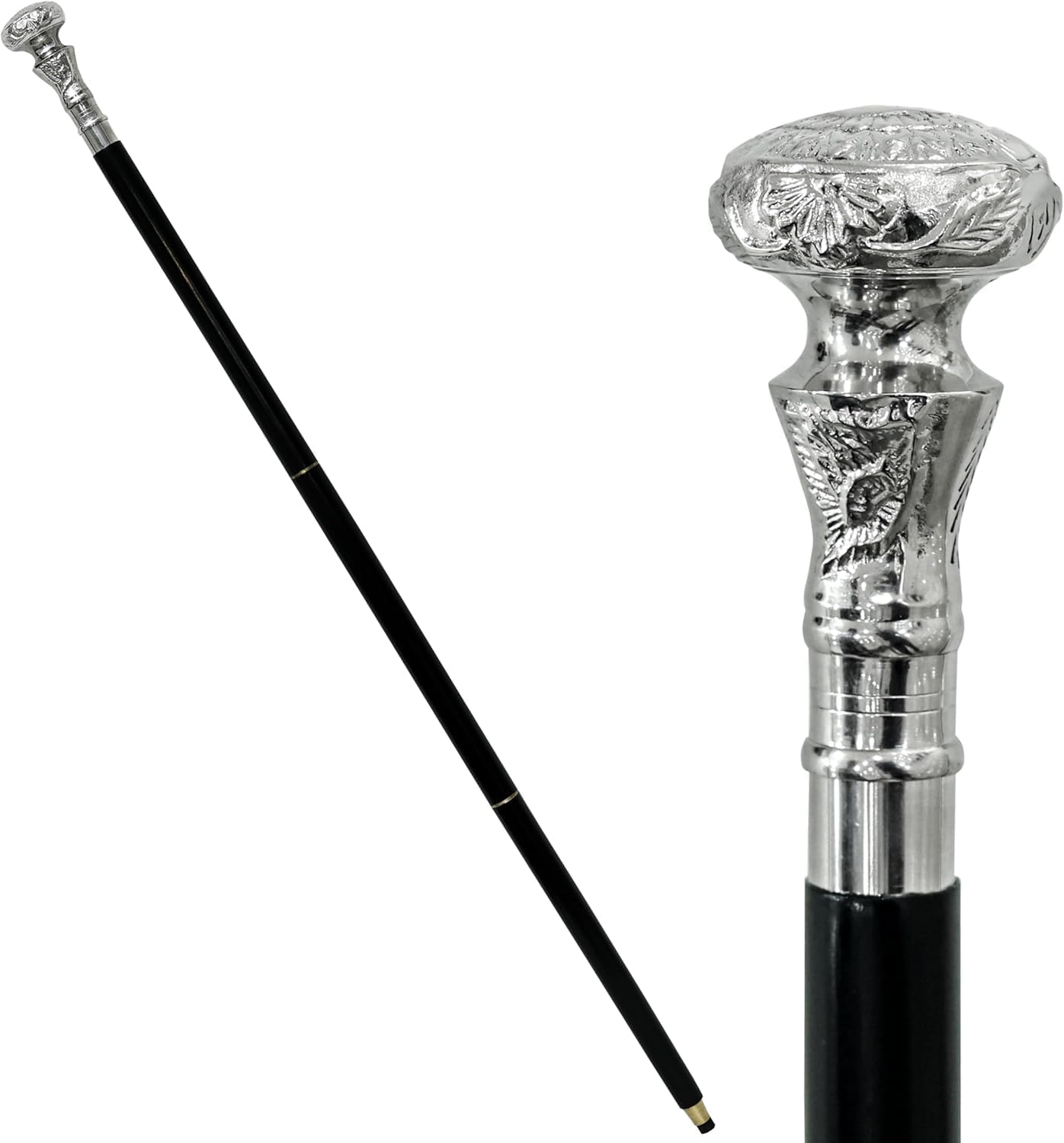 Vintage Antique Walking Cane Wooden Walking Stick Silver Brass Handle Knob Gift, 39 Inch, Black