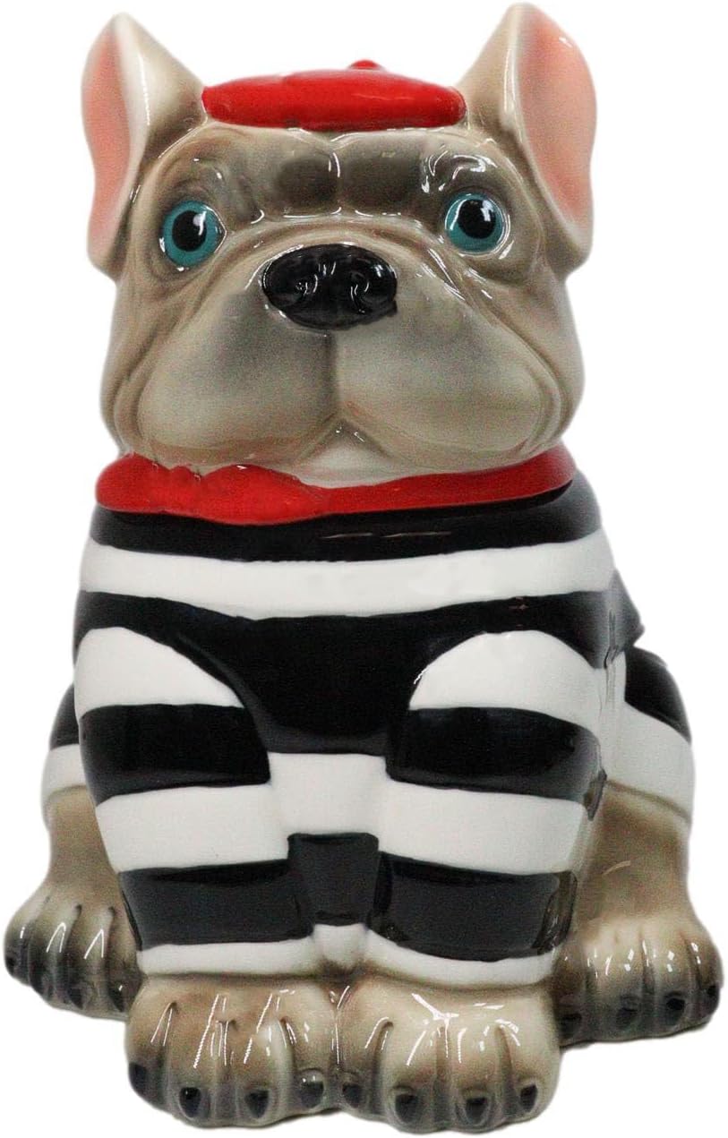 Ebros Gift Ceramic French Bulldog Dog With Red Beret And Striped Costume Cookie Jar With Air Tight Lid 8.75" Tall Decorative Kitchen Countertop Accessory Figurine