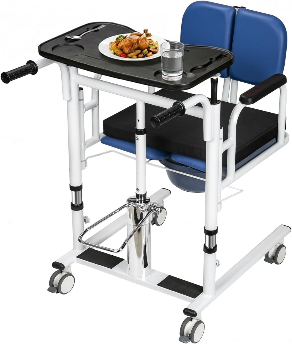 Patient Lift Transfer Chair for Home, 440lbs Capacity,Equipped with a Hydraulic Lift Bar, Commode, and Dining Table，4 in 1 Shower Chair with 180° Split Seat, for Elderly Transfer to Bed/Toilet