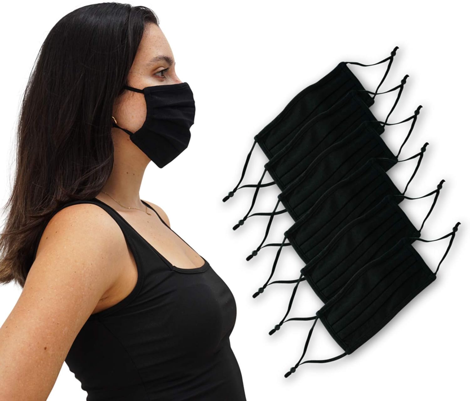 Simlu 6 Pack Unisex Reusable Pleated Fabric Face Mask with Adjustable Elastic, 2 Layer, Washable, Nose Wire Black Cloth Fits Men Women and Kids (OS Fits All, 6 Pack)