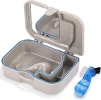 Annhua Partial Denture Case for Soaking, Plastic Denture Cup with Lid, Brush and Mirror, Travel Retainer Cleaner Case Bath Container for Cleaning Full False Teeth, Aligners - Gray