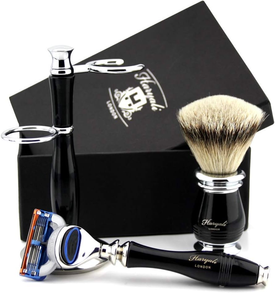 Haryali London Mens Shaving Kit 5 Edge Safety Razor With Silver Tip Badger Hair Shaving Brush and Stand Perfect Set For Men