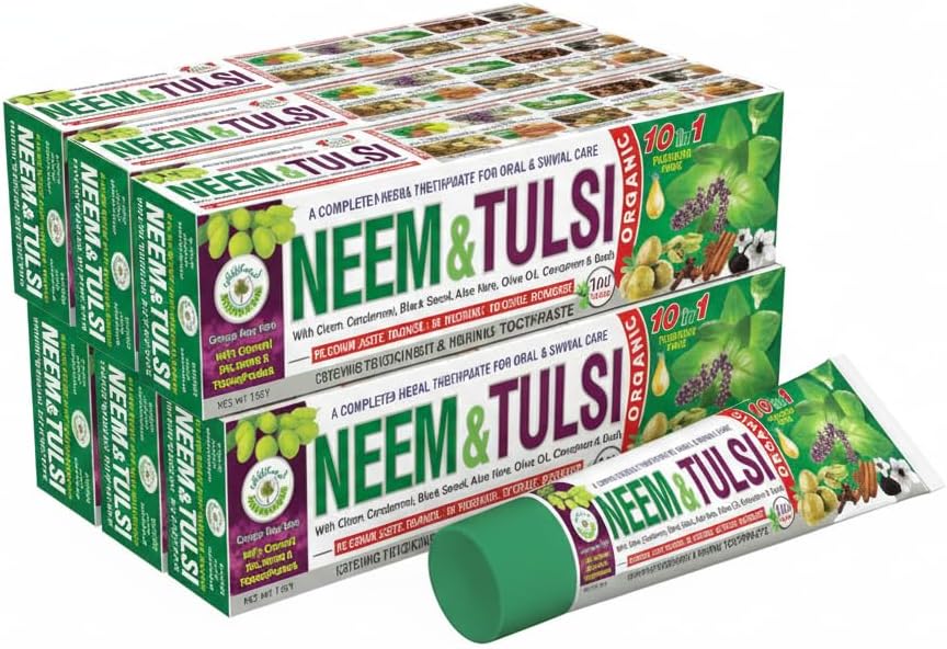 Pack of 6 - Organic Neem Tulsi 10 in 1 Fluoride Free Toothpaste - Neem, Clove, Black Seed, Cardamon, Aloe Vera, Tea Tree Oil, Miswak, Clove - Herbal Blend - 7.05 oz