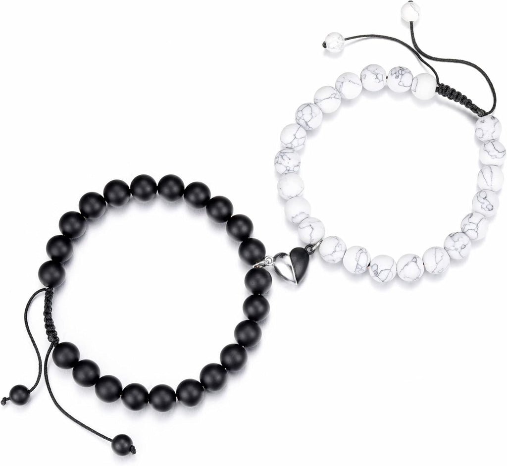Jovivi Couples Bracelets 8mm Natural Stone Beads Healing Crystals Stretch Bracelet Matching Heart Charms Adjustable for His and Her Jewelry Lovers Best Friends Friendship Gifts