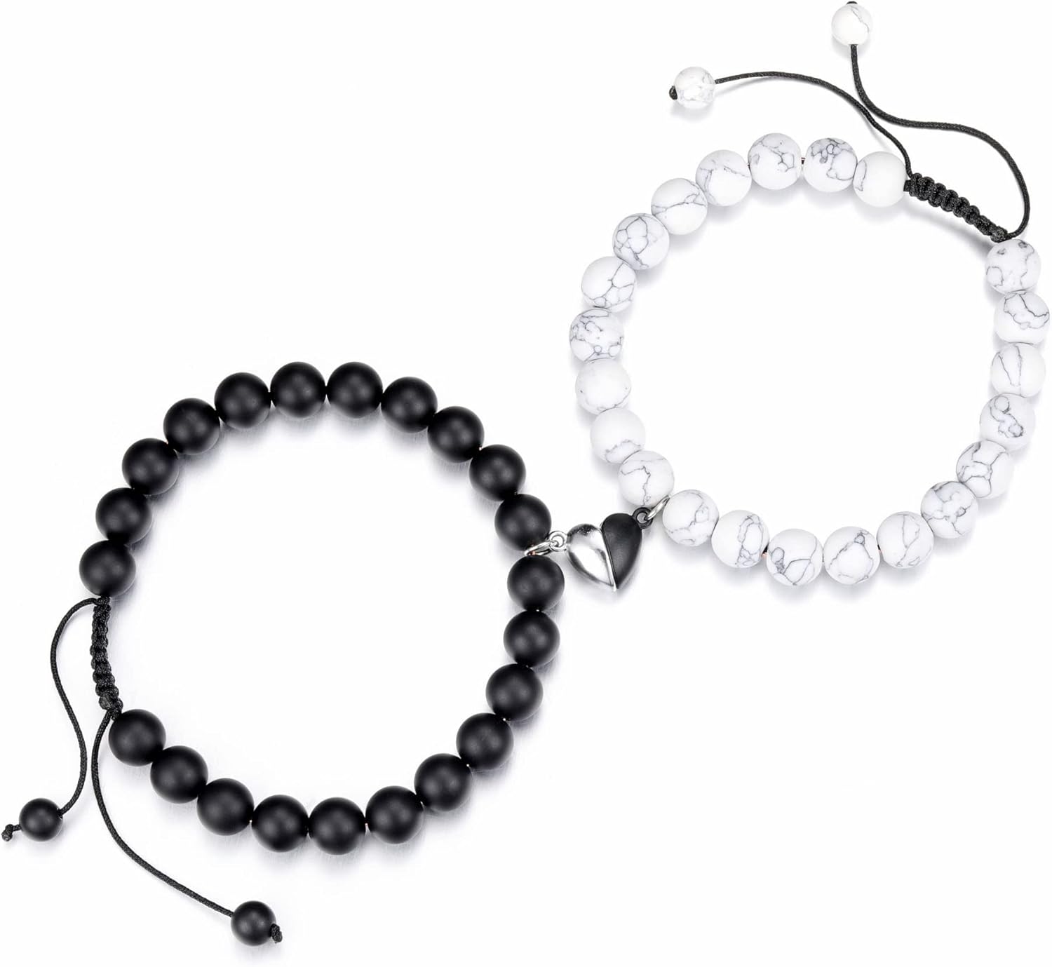 Jovivi Couples Bracelets 8mm Natural Stone Beads Healing Crystals Stretch Bracelet Matching Heart Charms Adjustable for His and Her Jewelry Lovers Best Friends Friendship Gifts