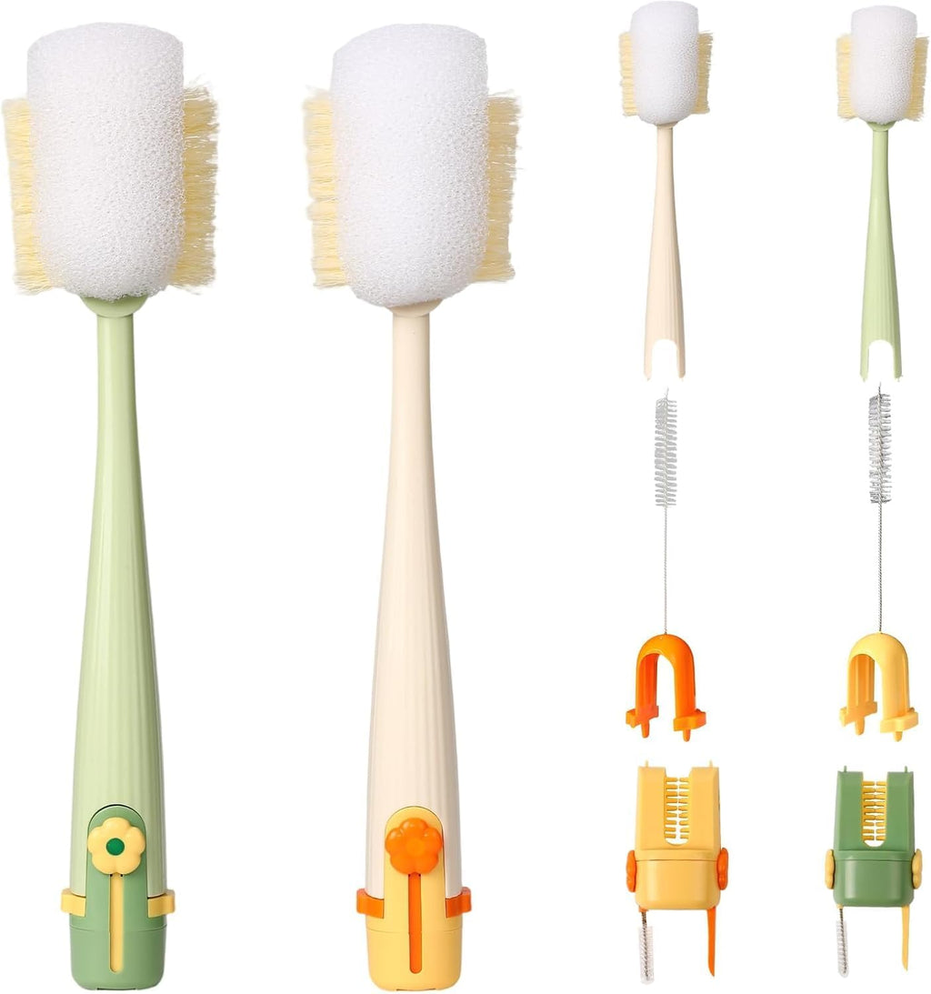 5-in-1 Bottle Cleaning Brush Set, Multifunctional Kitchen Lid Scrubber with Long Handle, Portable Brush Tools for Cups, Hard Bristle Sponge Head(2 Pack)