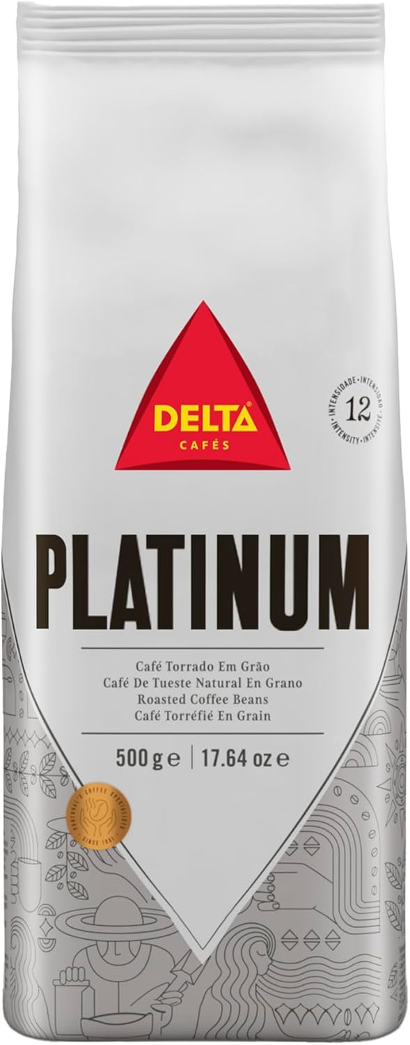 Delta Cafés Platinum Whole Bean Coffee 500gr/17.6oz, Intensity 12, Arabica & Robusta Blend - Aromatic and Roasted Nuts Notes Espresso Beans