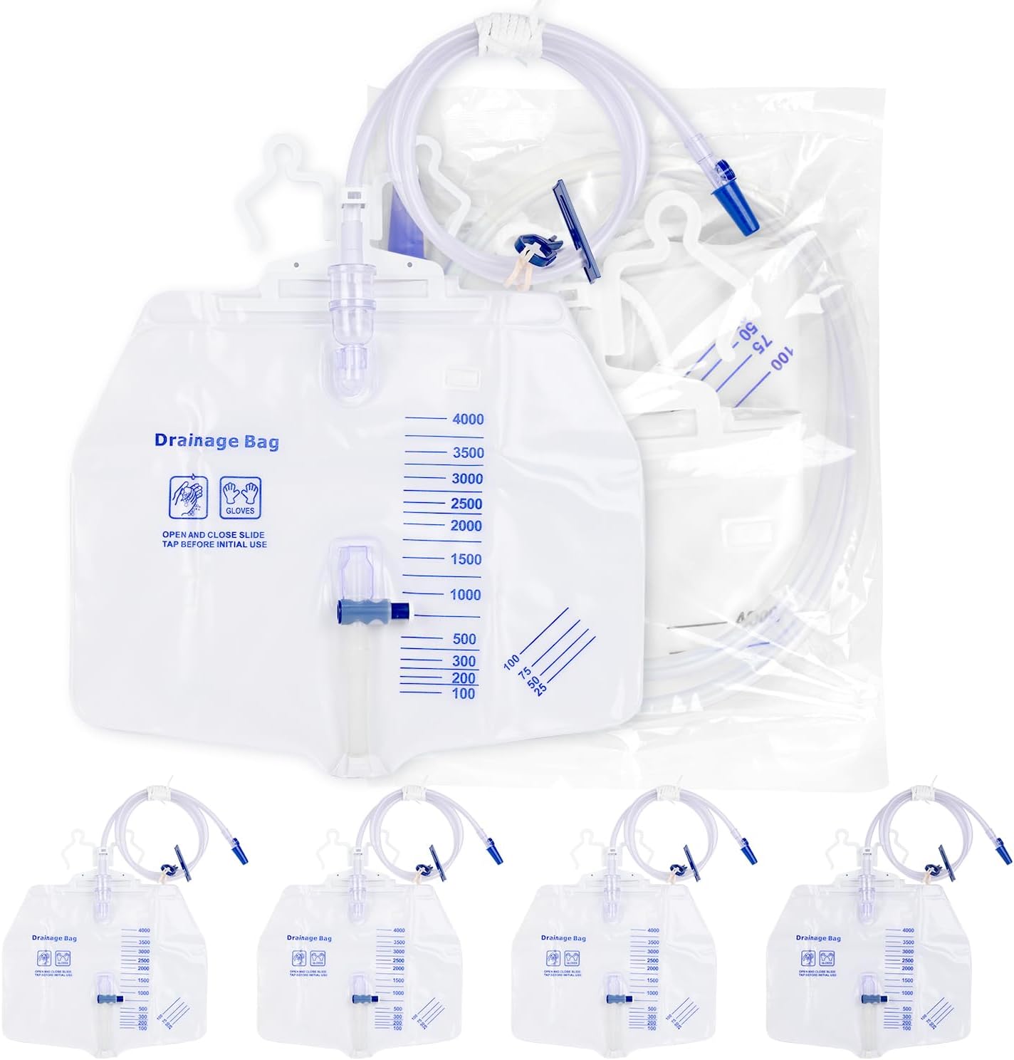 5 Pack Urinary Drainage Bag with Anti-Reflux Chamber, 4000ml Large Capacity, 48" Drainage Tube, Professional Urine Bags with Clips and Hanging Hook, Catheter Bags for Men