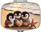 Penguin Pill Box 2 Compartment Small Pill Case for Purse & Pocket Travel Portable Metal Medicine Box to Hold Vitamins Medication Fish Oil Supplements Penguin for Women Men (YH3872)