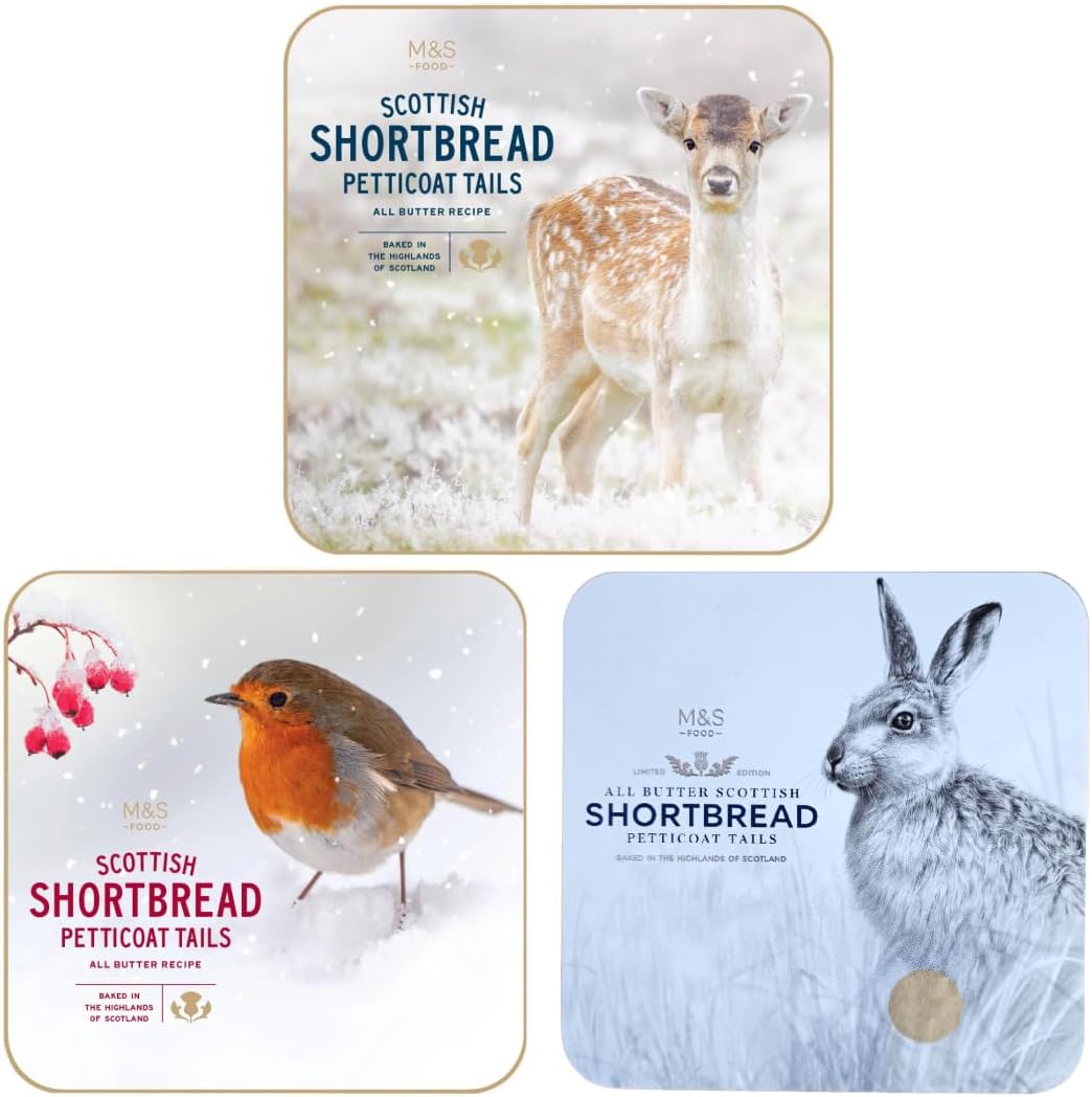 M&S All Butter Scottish Shortbread Petticoat Tails Robin or Fawn, Limited Edition Tin, 360g, 1X Random Tin, Baked in Highlands