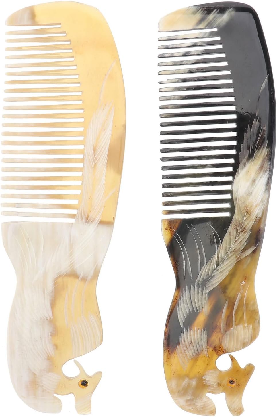 2pcs Buffalo Ox Horn Comb Handmade Engraving Anti- Static Detangling Hair Massage Horn Comb for Men Women (Random Color)